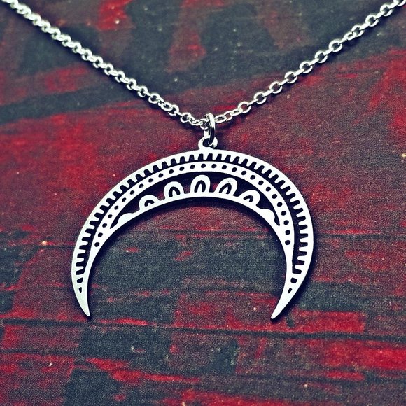 Mandala Upside Down Crescent Moon Silver Necklace - Picture 3 of 3